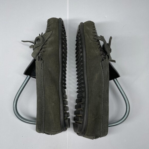Minnetonka Size 7 Gray Tweed Kitty Moccasin Suede Leather Fringe Rubber Sole - Picture 7 of 9